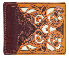 Hooey Hand-Tooled Leather Bifold Wallet w/ Ivory LeatherInlay HBF008-TNBR