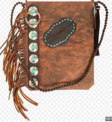 Cashel Braided Strap Hand Bag Purse with Turquoise Fringe and Buckstitch
