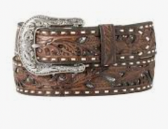 Nocona Brown Buck Stitch Silver Inlay Belt Women’s N320000202/ N320000201