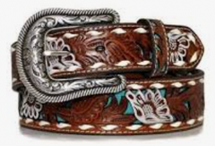 Nocona Brown Buck Stitch Turquoise Inlay Belt Women’s N3412308