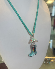 Wyo-Horse Turquoise Beaded W/ Hat/Boot Necklace J423