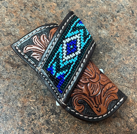Circle SH Knife Sheath Blue Beaded/Tooled