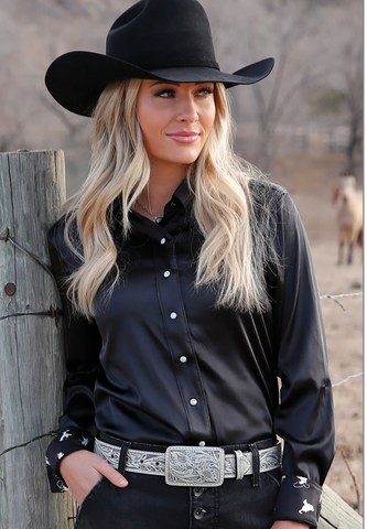Cruel Girl Black Silk Snap Up Shirt CTW7529001