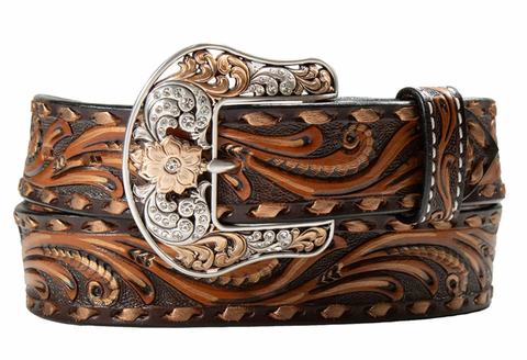 Angel Ranch Tooled Buck Stitch Belt Women's