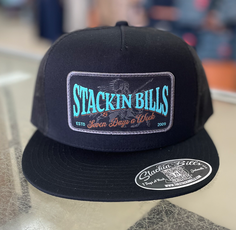 Stackin Bills Blk W/ Turquoise Logo Ball Cap