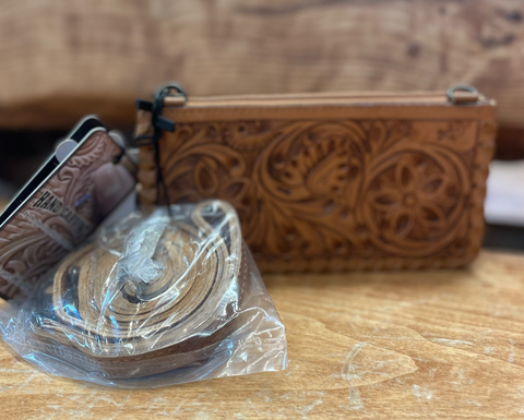 American Darling Tan Tooled Clutch
