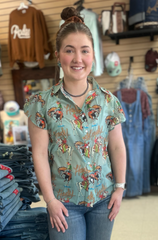 Turquoise Heaven Howdy Flutter Sleeve Blouse Women's