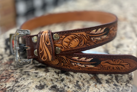 Challenger Feathered Tooled Belt Men's