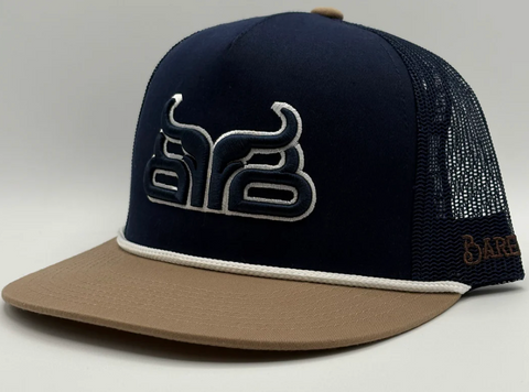 Baredown flat brim cap Navy W tan Brim