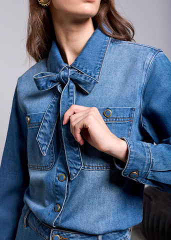 Tribal Denim Blouse W/ Bow Women's