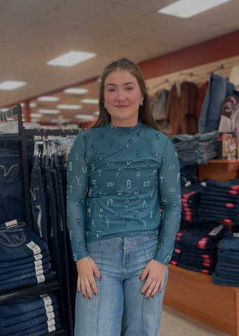 Sterling Kreek Branded Turquoise Velvet Mesh Top Women's