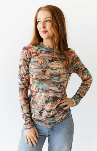 Turquoise Haven Pink Western Collage Mesh Top Women's