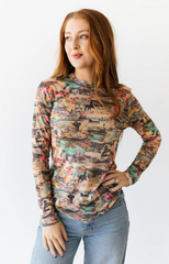 Turquoise Haven Pink Western Collage Mesh Top Women's