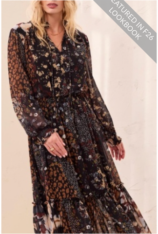Trial Jeans MIXED PRINT DRAMA DRESS W/ SMOCKING DTLS-RUSTICBROWN