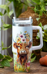 Evergreen Hillside Pasture Tumbler Farm Highland Cow