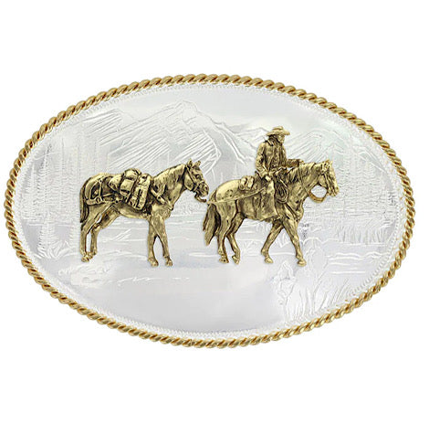 Montana Silver Etched Mountains Western Belt Buckle with Pack Horse and Rider 6250-35